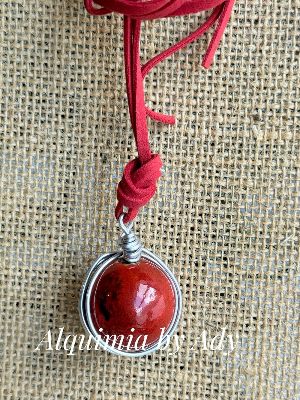 FALL + Red LONG SUEDE + Ceramic Sphere Pendant with Silver Wire Wrap
